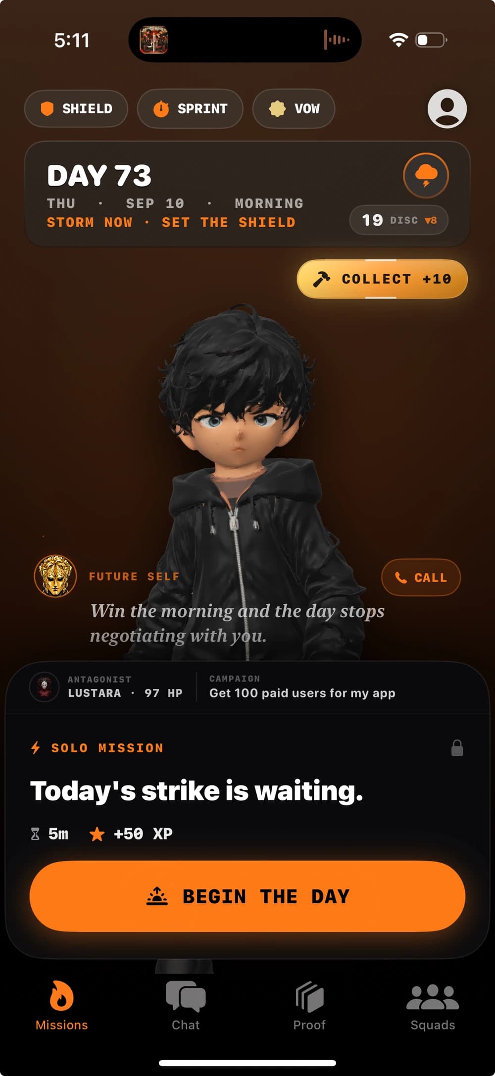 Arrektos main app screenshot with the Seed Heir, Shield, Sprint, Vow, Future Self call and today's mission