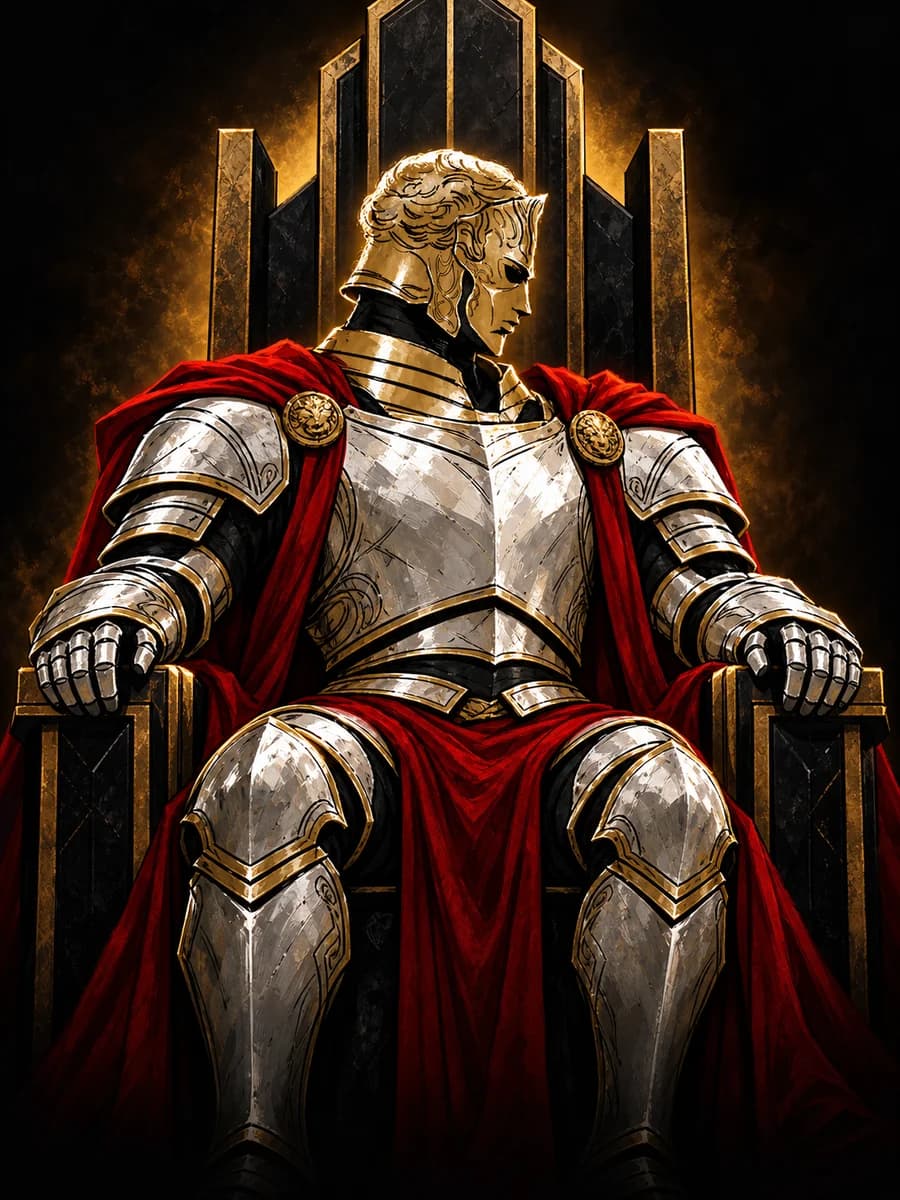 Your Future Self, a golden-masked mentor in silver armor seated on a throne
